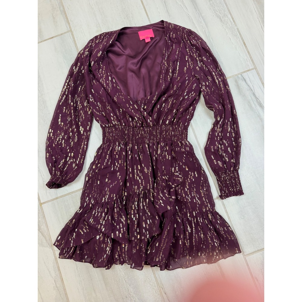Lilly Pulitzer Purple Gold Metallic Silk Mini Dress Smocked Waist Ruffle Size 8